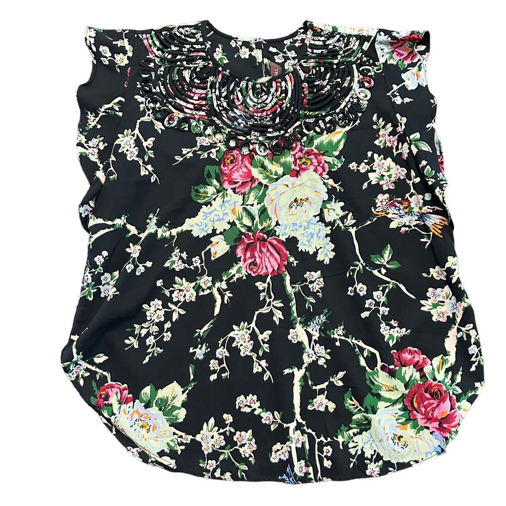 Anthropologie Ranna Gill Womens Black Floral Short Sleeve Top Blouse XS
